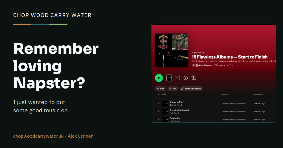 Remember loving Napster? CWCW title card with a screenshot of the completed Spotify playlist, 15 Flawless Albums – Start to Finish.