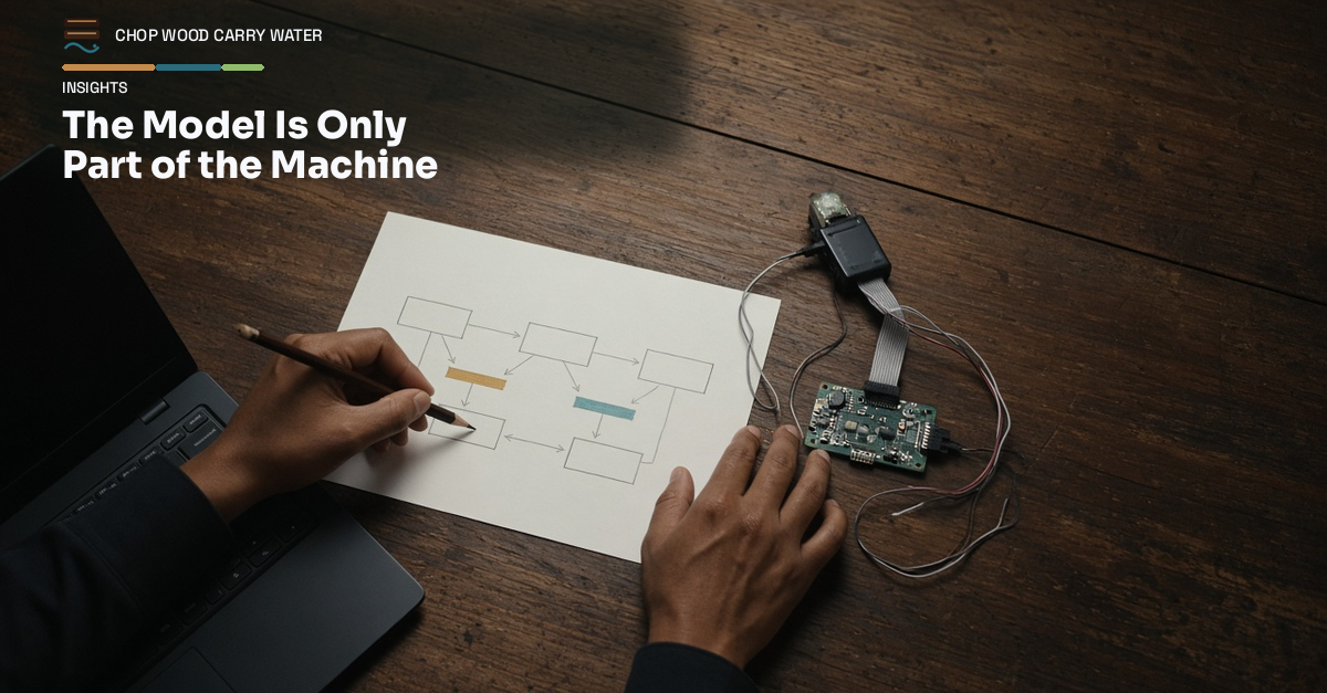 The Model Is Only Part of the Machine: an overhead view of hands sketching a diagram beside an embedded board, debug probe and laptop.