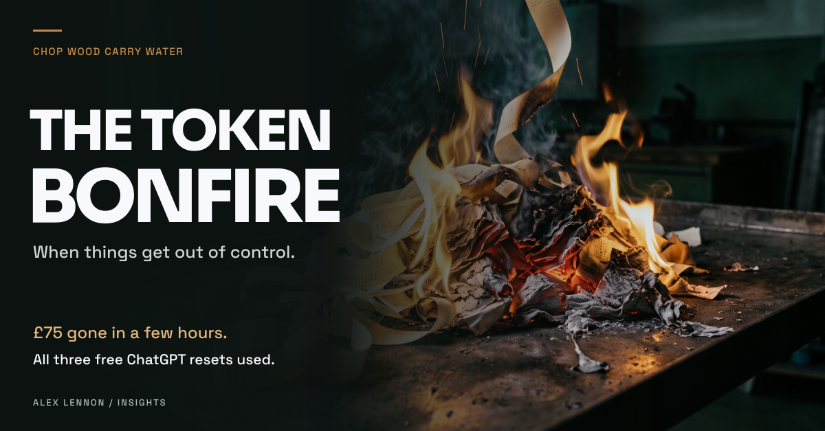 The Token Bonfire: generated photographic artwork of paper logs and receipt strips burning on a steel tray.